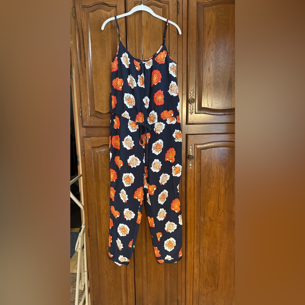 LOFT Navy Jumpsuit with Orange and White Floral Pattern